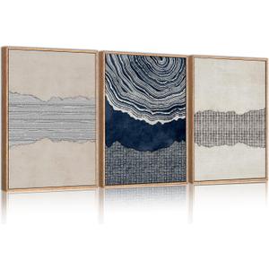 LHIUEM Large Navy Blue Abstract Shapes Framed Canvas Wall Art Set,Modern Tree Rings Wall Decor,Neutral Wooden Artwork for Living Room,Bedroom,Dining Room,Office  - 24"x36"x3
