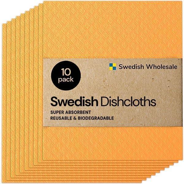 Swedish Wholesale Dishcloths Reusable 8" x 7" Sponge Cloths, Bulk 10 Pack of High Absorbent Cellulose Dish & Kitchen Cleaning Hand Towels, Wring to Dry & Machine Wash, Odor Resistant, Orange