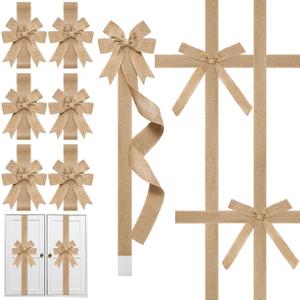 Crowye 14 Pcs Christmas Cabinet Bow for Kitchen Door Ribbon Bow Christmas Wreath Door Bows Festival Wrapping Decorations for Tree Kitchen Fireplace Home Front Party(Light Brown,Linen)