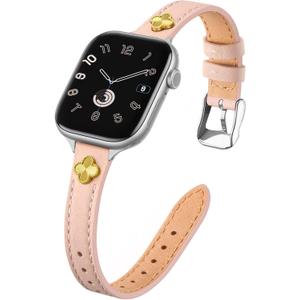 STROLL Thin Leather Band Compatible with Apple Watch Bands 42mm(Series 11 10) 41mm 40mm 38mm Women, Stylish Genuine Leather Strap with Charms, Slim Wristband Design for iWatch SE Series 9 8 7 6 5 4 3 2 1, Pink Sand/Silver