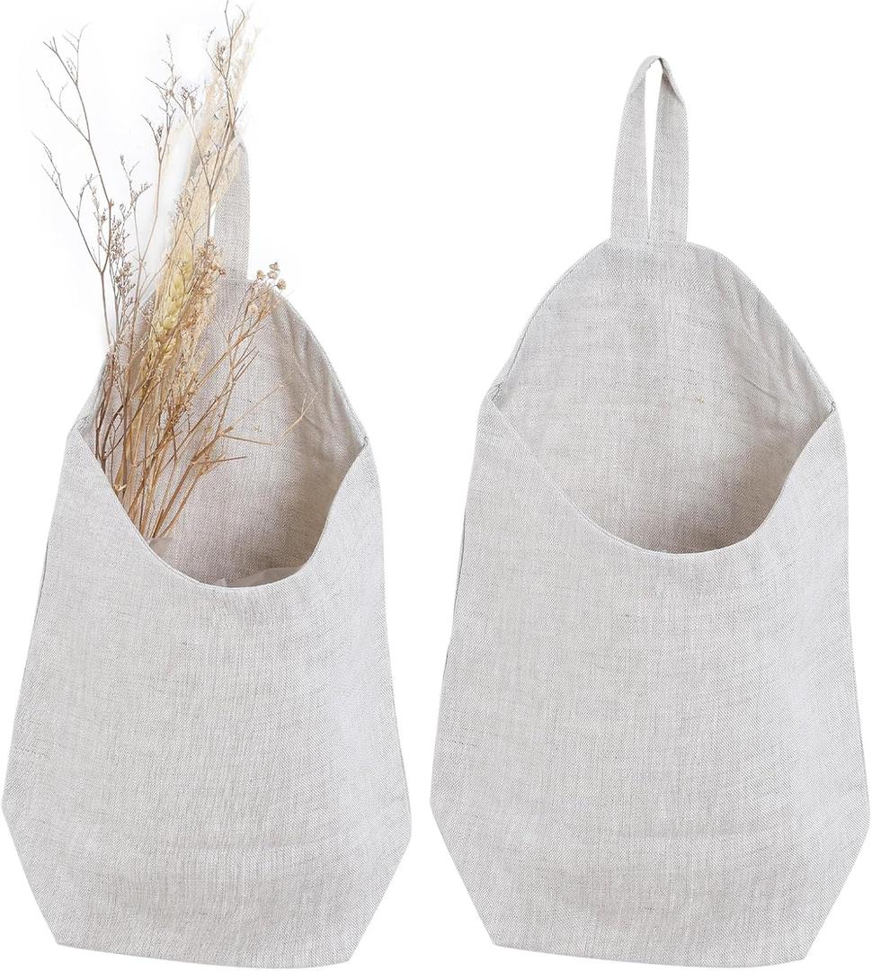 100% Linen Hanging Storage Bags Baskets 2 Pcs, Small Wall Storage Bag for Kitchen, Bedroom, RV Camper Organizer, Sewing Room, Nursery Storage, Kids Room, Linen
