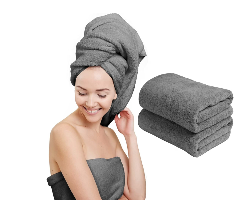 Liba 2-Pack Microfiber Hair Towel Wrap Rectangle Twist for Women 24 x 48 Inches, Gray