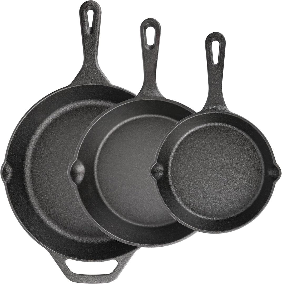 Cast Iron Skillet 3-Piece Set, 6", 8", 10" Frying Pans, Heavy-Duty Pre-Seasoned Pan Cookware Set, For Frying, Saute, Cooking, Pizza & More, Black