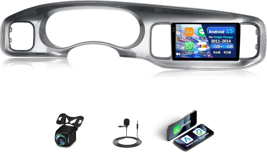 [4G+64G] Car Radio for Dodge Charger 2011-2014 with Wireless CarPlay Android Auto,9 inch Touchscreen Android 15 Car Stereo with WiFi,GPS Navigation,Bluetooth,FM/RDS SWC EQ+Backup Camera