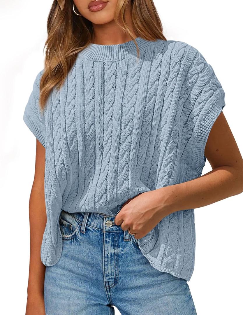 PRETTYGARDEN Women's Sweater Vest 2025 Summer Short Sleeve Tops Casual Crewneck Knit Oversized Pullover Trendy Spring Outfits (Light Blue,Large) (Blue, L)