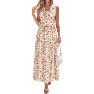 PRETTYGARDEN Womens Summer Floral Maxi Dresses 2026 Spring Sleeveless Cowl Neck Flowy Beach Vacation Wedding Guest Long Dress(Floral Apricot, Small)