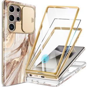 GVIEWIN for Samsung Galaxy S24 Ultra Case, [Slide Camera Cover & Built-in Screen Protector] [2 Front Frame] Military Grade Shockproof Marble Phone Case for S24 Ultra 6.8" (Topaz/Gold)