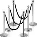 Ferraycle 6 Pcs Crowd Control Stanchions and Velvet Ropes 5 ft Poles Silver Crowd Control Barriers Black Ropes Stainless Steel Stanchions Post for Party Supplies