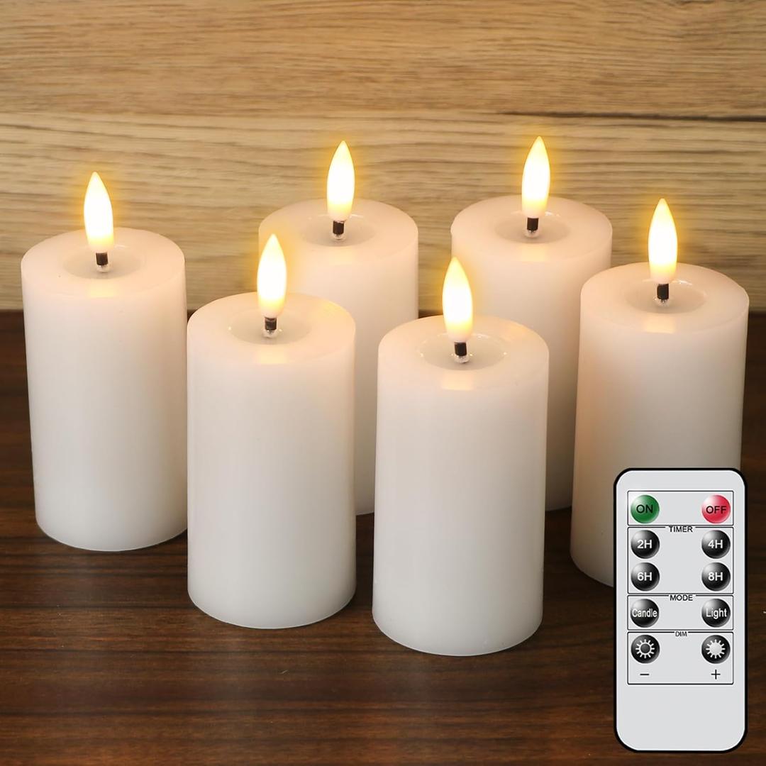 DRomance Flameless LED Pillar Candles with 10-Key Remote and Timer 6 Pack Real Wax Battery Operated Candles 3D Wick Flickering Warm Light Wedding Dinner Holiday Decor(White, 1.9" D x 4.5" H)