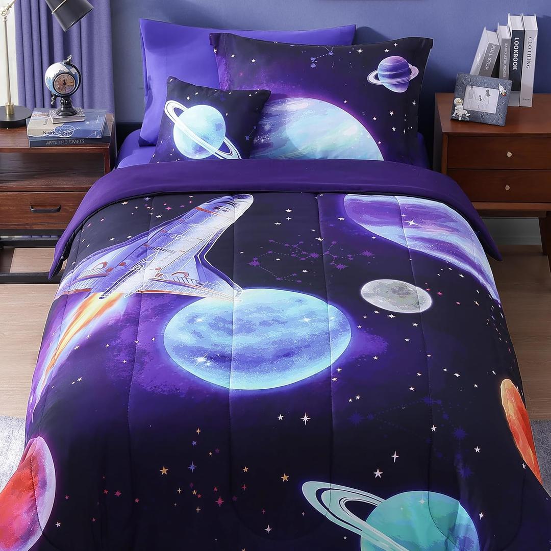 Twin Comforter Set for Boys-3 Pieces Navy Blue Space Rocket Twin Bedding Sets for Kids, 1 Comforter, 1 Sham and 1 Decor Pillow