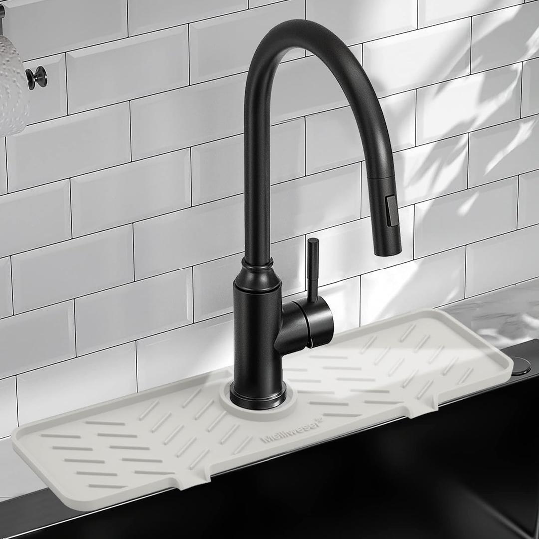 Meiliweser Silicone Faucet Mat for Kitchen Sink Gen 2 Splash Guard with Upgraded Outlet & Slope 18 x 5.1 Water Catcher & Sink Sponge Holder for Kitchen and Bathroom (Beige)