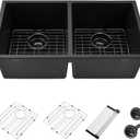 32 Inch Black Kitchen Sink Undermount-iAnomla 32x18 Black Quartz Undermount Kitchen Sink Double Bowl 50/50 Composite Deep Double Under Mount Sinks with Accessories