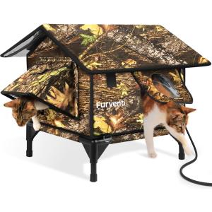 Heated Cat House for Outside,Extremely Weatherproof&Insulated in Winter,Elevated Outdoor Cat Shelter with Waterproof Eaves&Escape Door for Feral Stray Barn Cats(Leaves,S)