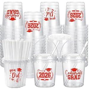Ceenna 30 Sets 24oz Graduation Drink Buckets with Lids and Straws Class of 2026 Graduation Plastic Bucket Cups Congrats Grad Party Supplies for High School College Tailgate Party Summer Events (Red)