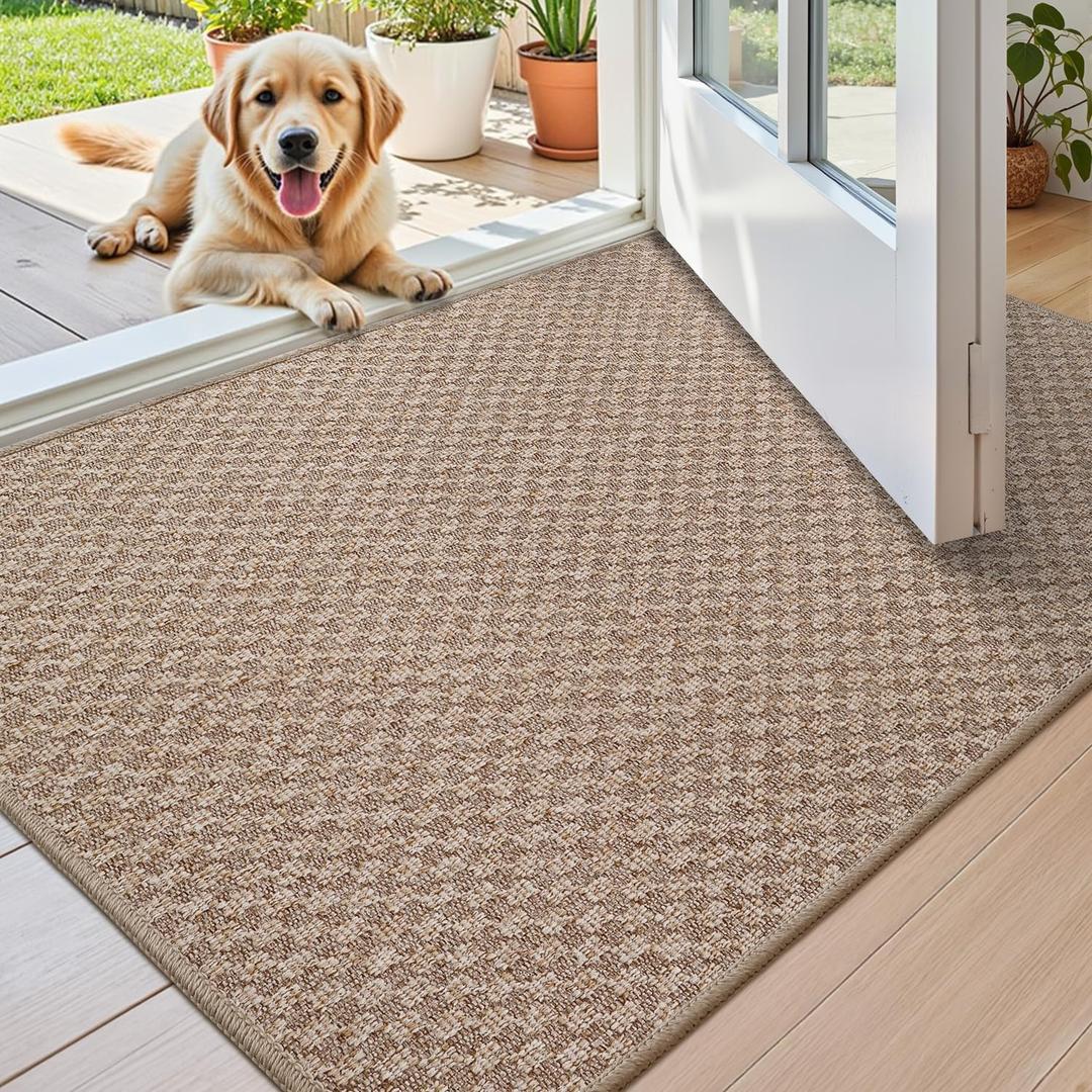 Color&Geometry Thin Front Door Mat Indoor Entrance Non Slip Rubber Backed, 24"x36" Indoor Door Mats for Entryway, Dirt Trapper Doormat, Washable Front Door Rugs, Khaki (Rolled-up NO Creases)