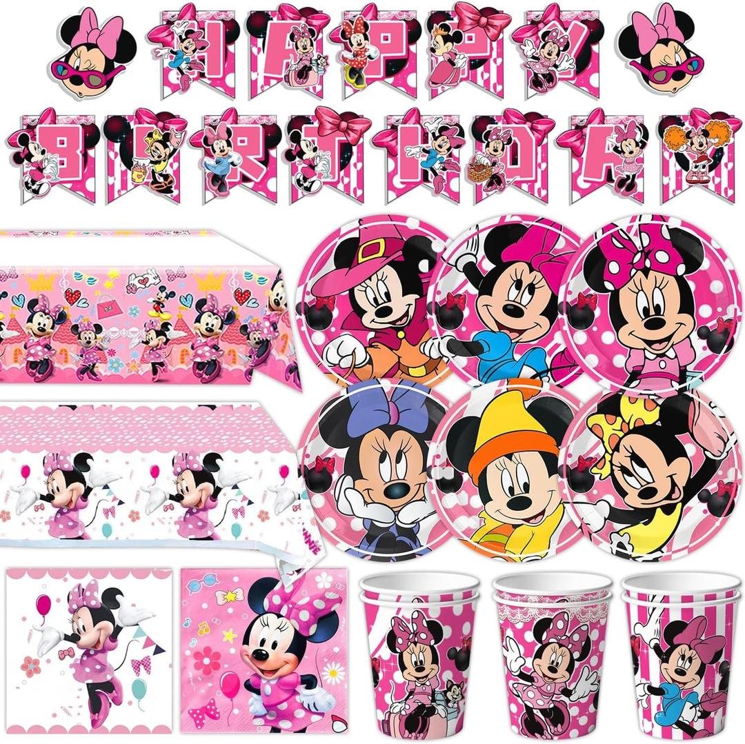 Minnie Birthday Party Supplies, 93 pcs Party Decorations include 6 Different Style Paper Plates, 2 Large Tablecloth, Happy Birthday Banner, Napkins and Cups for Boys Girls Decor, Serve 15+ Guest