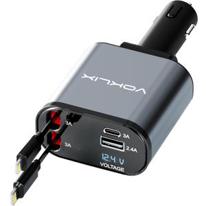 Retractable Car Charger, 4 in 1 Retractable Car Charger 66W with Cord 2.6ft, Retractable Cables and USB Ports Car Adapter Compatible with iPhone15/14 Pro (Dual Lightening)