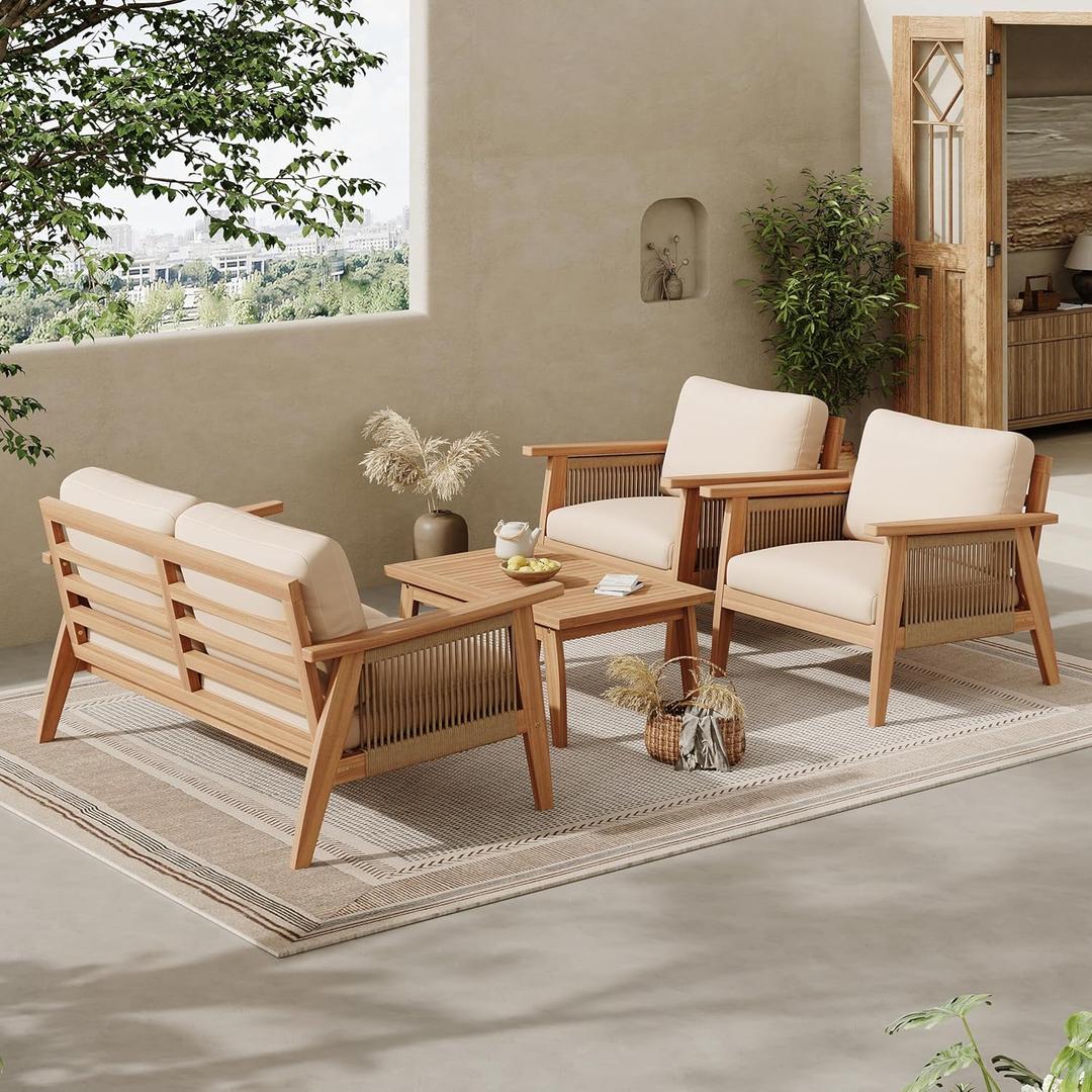 Merax Outdoor 4-Piece Acacia Wood & Rope Sectional Patio Set, Loveseat, Chair & Table with Water-Repellent Cushions (Beige)
