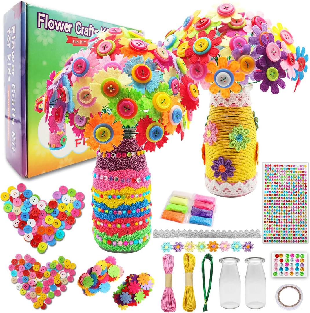7july Crafts for Girls Ages 6-10 Make Your Own Flower Bouquet with Buttons and Felt Flowers, Vase Art and Craft for Children - DIY Activity Christmas Birthday Gift for Girls Age 6 7 8 9 10 Year Old