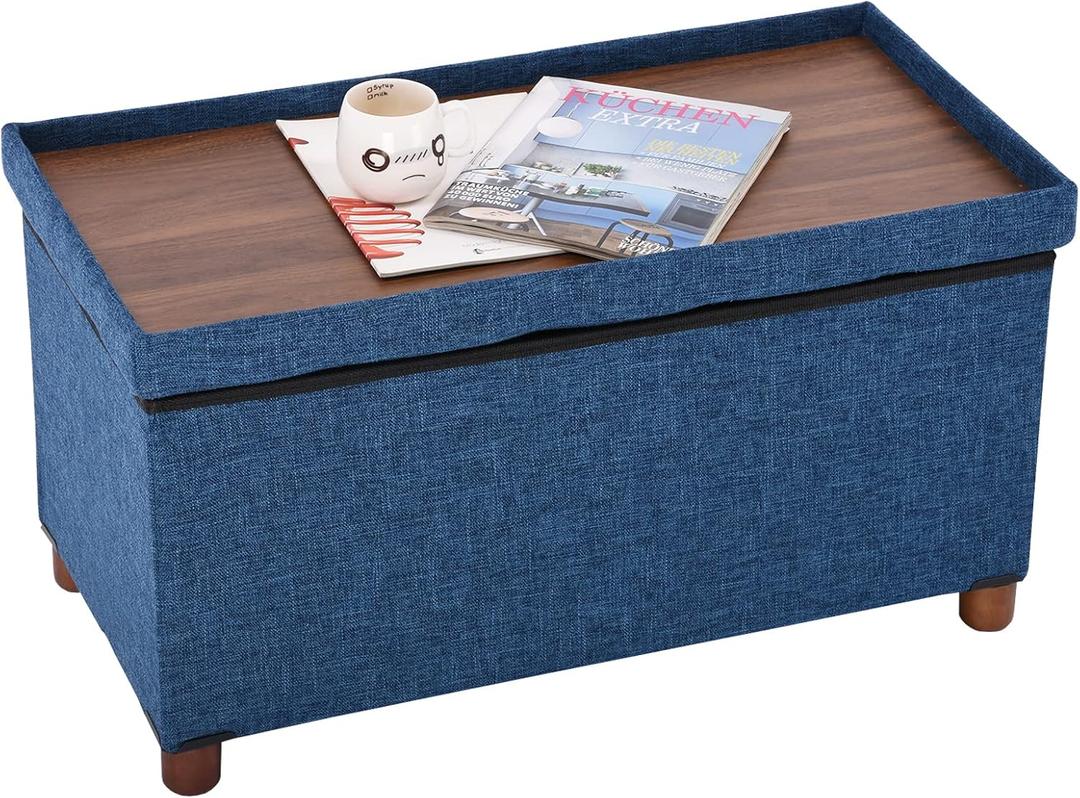 Ao Lei 30 Inches Storage Ottoman Bench, Storage Bench with Wooden Legs for Living Room Folding Ottoman Foot Rest Removeable Lid for Bedroom End of Bed, Linen Fabric Blue