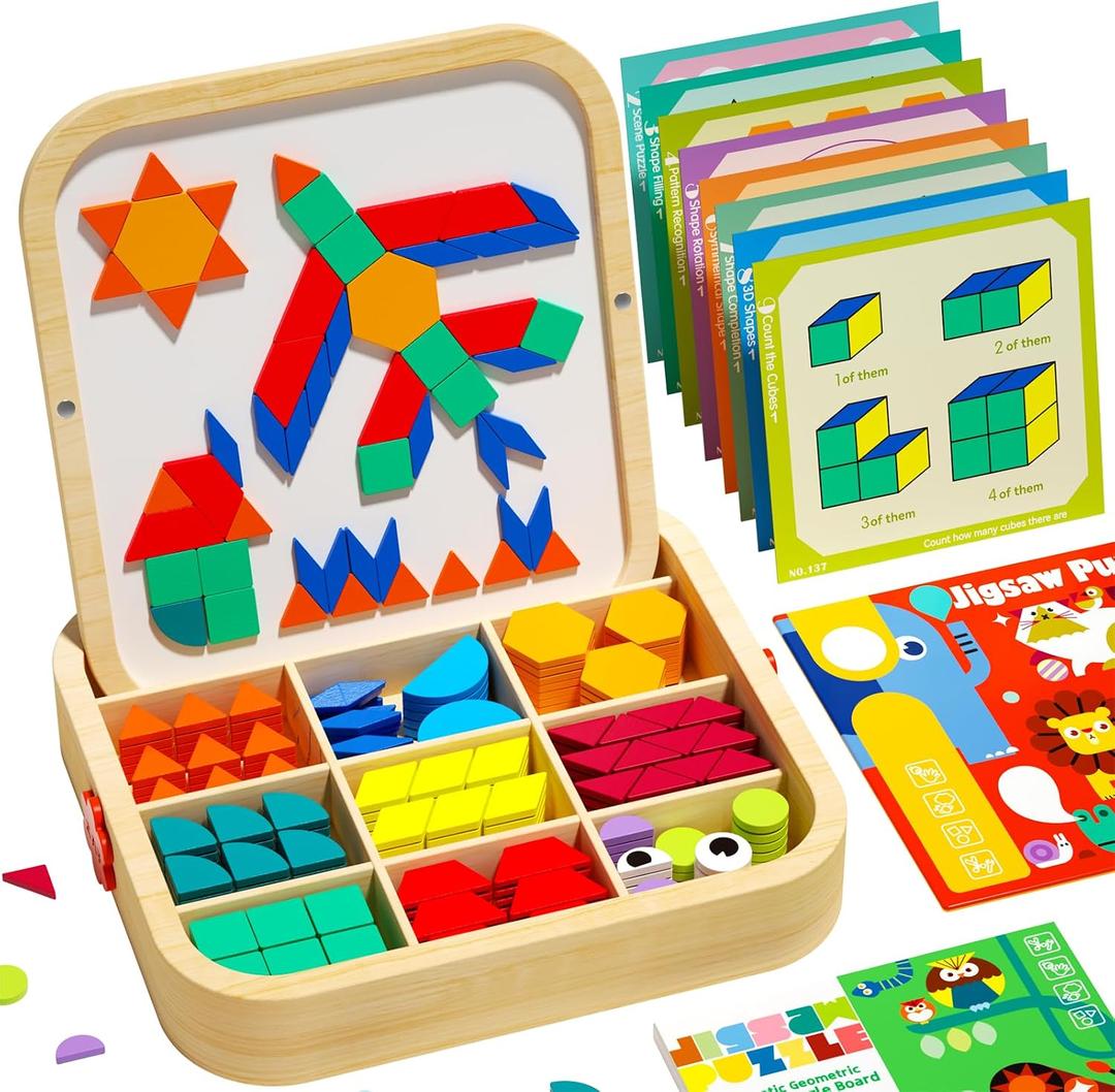 Wooden Magnetic Pattern Blocks Set with Cards, 288 PCS Montessori Tangram Puzzle Learning Toys for Toddlers 4-8, Educational STEM Gift for Kids Boys Girls 4 5 6 7 8, Medium