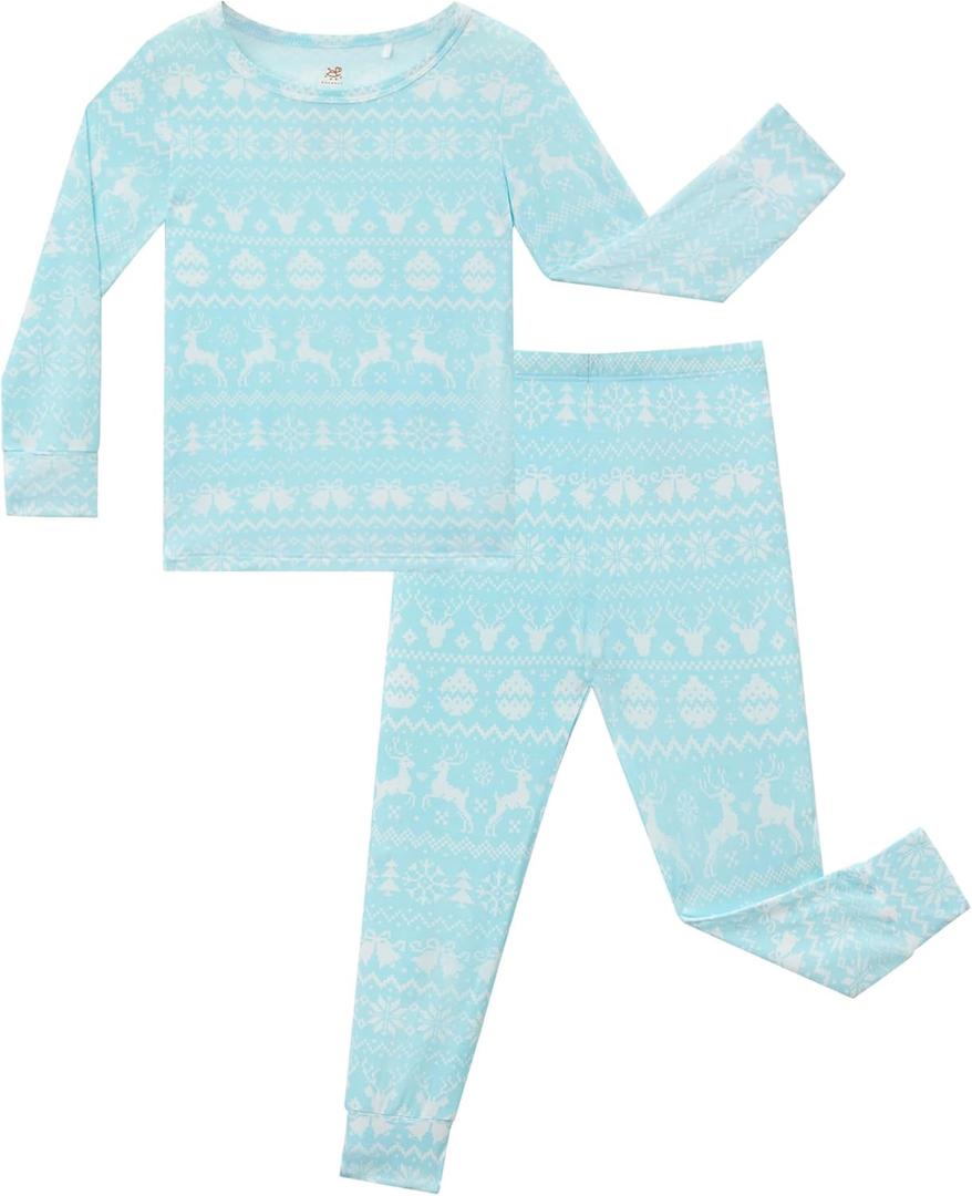 Bamboo Viscose Pajamas Toddler Boys Girls, Snug Fit Long Sleeve Top and Pants Kids Pjs (2T, Blue Christmas)