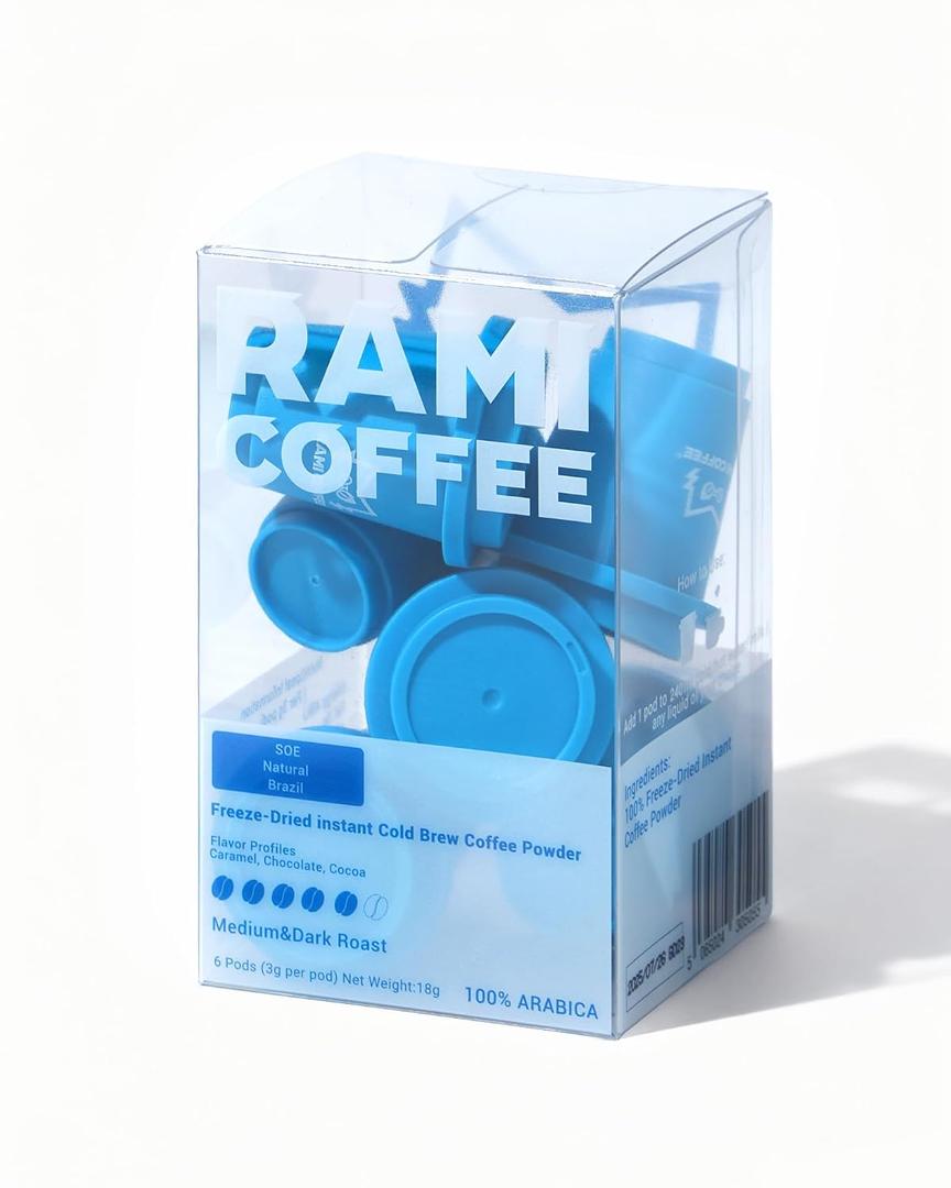 Rami Coffee Cold Brew Freeze Dried Instant Coffee Powder, Medium-Dark Roast 100% Arabica, 6 Portable Single Packets for Home Travel Backpacking Camping (EXP 07/26/25)