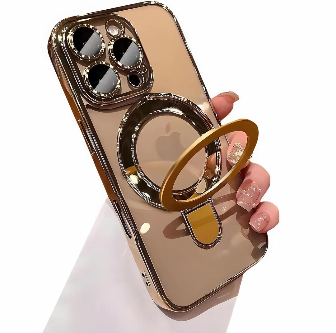 Magnetic for iPhone 16 Pro Case Compatible with Magsafe Stand Camera Protector Plating Clear Soft Rubber Protective Phone Case (Desert Gold)