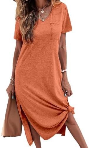 Dyexces Women Summer T Shirt Dress Casual Short Sleeve V Neck Maxi Dresses Loose Side Slit Long Tshirt Dress with Pockets, Small