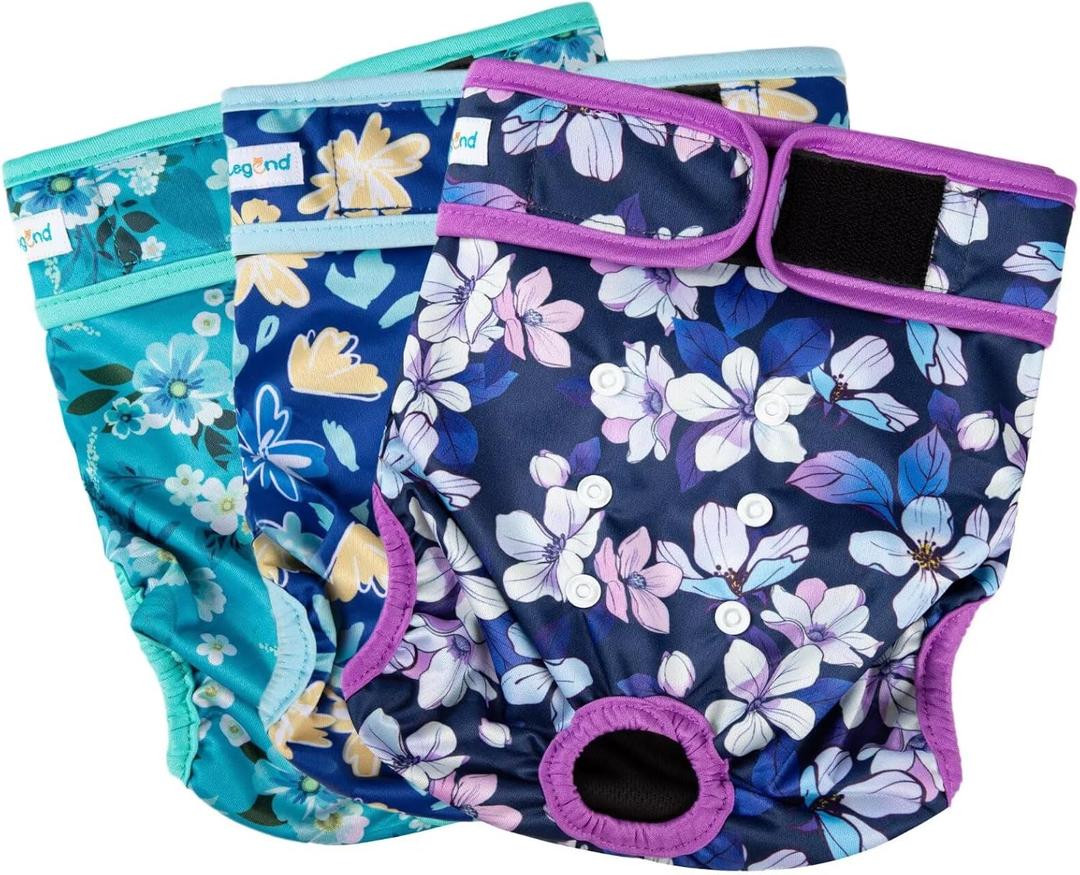Paw Legend Washable Reusable Female Dog Period Diapers for Heat Doggie Puppy Diapers for Female Dogs (3 Pack, Small)  Pretty Flower