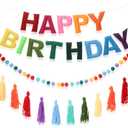 Pre-Strung Happy Birthday Banner Rainbow Decorations Felt Ball Garland Happy Birthday Sign for Party Decorations Unicorn Party Decor (Rainbow)