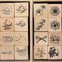 Hacaroa 32 Pieces Wooden Rubber Stamp Set, Moon Star Botanical Decorative Wood Stamps for Journal, Diary, Scrapbook, Planner, Letter, DIY Craft, Card Making