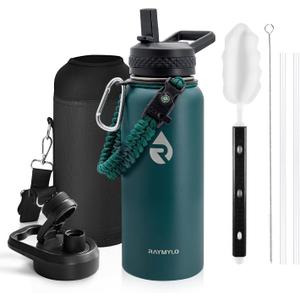Insulated Water Bottle 32 oz, Triple Wall Vacuum Stainless Steel (Cold for 48 Hrs), Leak Proof & Non-BPA, Modern Water Flask Jug with Paracord Handle & Straw Spout Lids, Dark Green