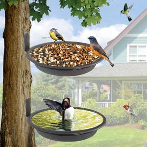 2 Bird Feeders Tree Mounted with Heavy Duty Sturdy Steel, 9.15 in Diameter1.53" Deep Dark Brown Bird Bath Tray,Installed on Wooden Fences, Trees, Deck,Indoor and Outdoor Walls