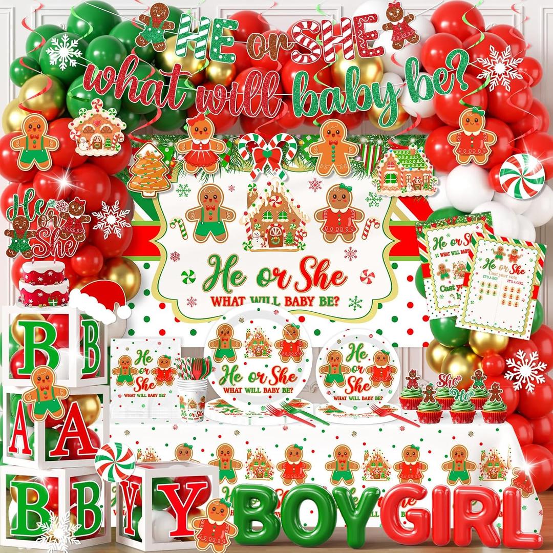 Christmas Gingerbread Gender Reveal Decorations Red Green Christmas Gender Reveal Paper Plates Napkin Tablecloth Balloons Boxes Tablecloth Backdrop Cake Topper for Xmas Baby Shower Party Decor
