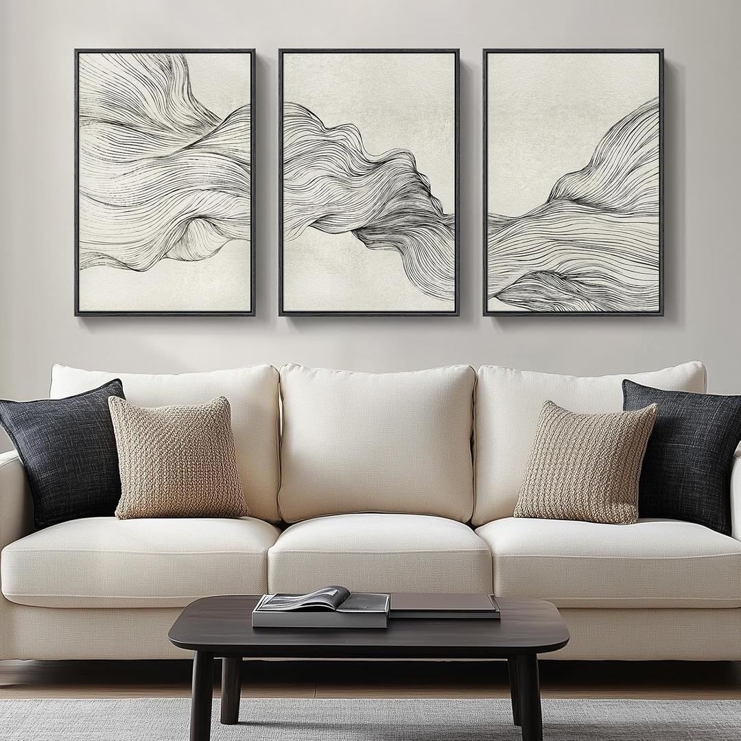 Large Framed Neutral Modern Abstract Wall Art, 3 Piece Black and Beige Canvas Prints Paintings Artwork for Walls, Minimalist Line Pictures for Living Room Hallway Office Wall Decor -Total 30x60 Inch, 20" W X 30" H X 3pcs