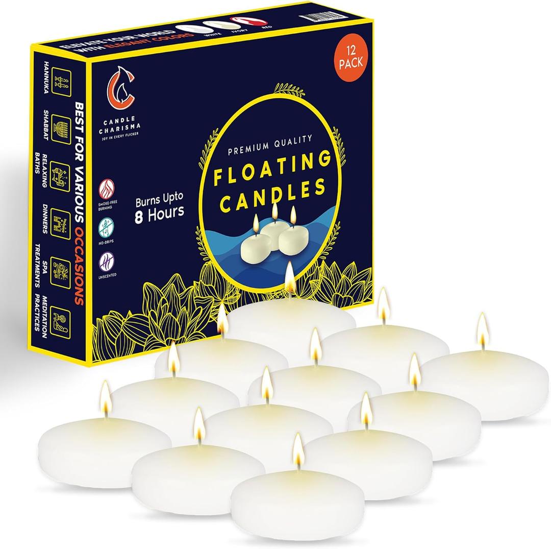Candle Charisma White Floating Candles 3 Inch (Set of 12)  8-Hour Dripless, Smokeless Burn with Natural Flickering Flame  Perfect for Weddings, Centerpieces, Pool Nights & Special Events