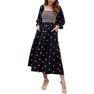 ABYOVRT Women Floral Embroidered Maxi Dress Long Puff Sleeve Square Neck Bohemian Flowy Dress with Pockets Summer Fall,S