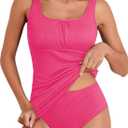 Aleumdr Women's Ribbed Ruched Two Piece Tankini Bathing Suits Tummy Control Swim Top with Bottom Swimsuits (Pink, S)