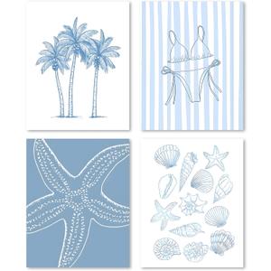 3 x FGFK Coastal Beach Palm Tree Blue Bikini Seashell Starfish Wall Art Prints Set of 4, Beach Room Decor, Coastal Summer Beachy Poster Wall Decor for Home Bedroom Living Room Office, 8x10 Unframed