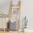 Blanket Ladder with Basket, Bamboo Towel Rack with Storage Hamper Basket, Wall Leaning Decorative Ladder Shelf, Drying Display Blanket Holder Rack for Bathroom Living Room (Grey)