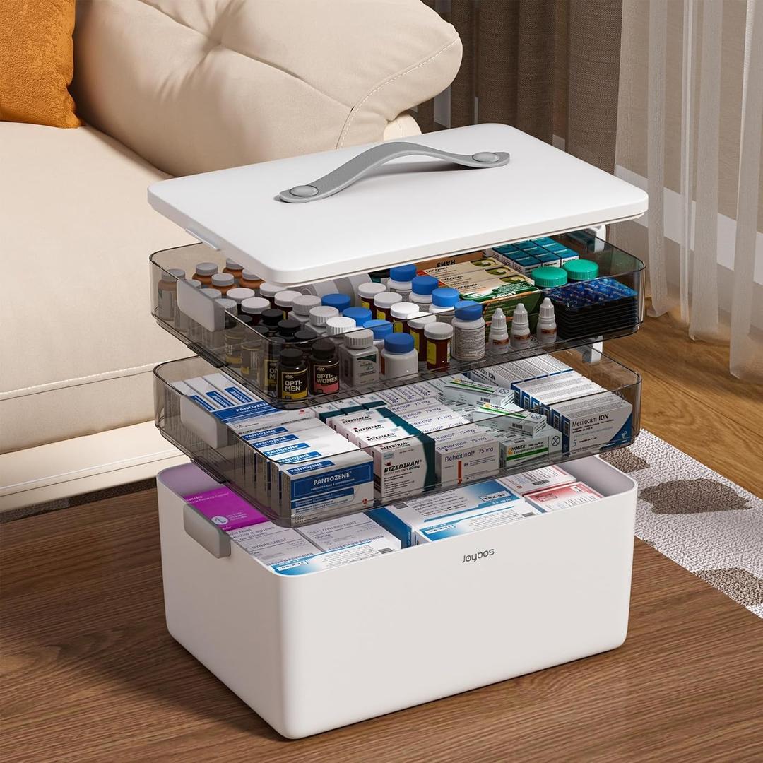 JOYBOS 3-Tier Medicine Storage Box Cabinet, Empty First Aid Kit Portable Medical Supply Organizer with Leather Handle for Home 3-Tier Medicine Storage Box