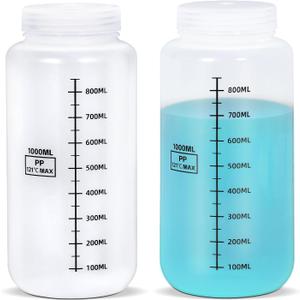 UMETASS 34oz/1000ml Wide Mouth Plastic Bottles with Airtight Lids, Graduated Food Grade Leak Proof PP Containers Jars for Water Sample Lab Reagent Liquid Medicine Storage (Transparent, 2 Pcs)