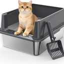 Stainless Steel Cat Litter Box with Lid, High-Sided Metal Litter Pan for Small Cats, Kitty Litter Box, Non-Stick & Odor-Resistant, Anti-Urine Leakage, Easy to Clean, Scoop Included (Medium, Dark Grey)