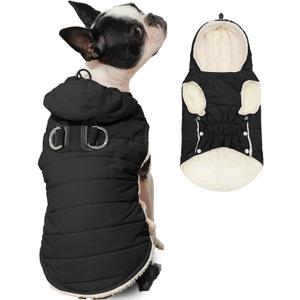 Fleece Lining Dog Hoodie with Harness Built in,Extra Warm Large Dog Jacket in Winter Doggie Coats with Drawstring Hooded,Black XXL