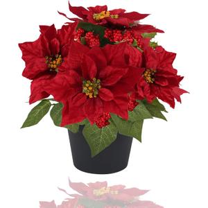 WOBUBU Fake Poinsettia Plants with Red Berry 14 Inch Poinsettias Artificial Christmas Flowers in Pot for Home Porch Garden Office Indoor Outdoor Christmas Decorations (Red)