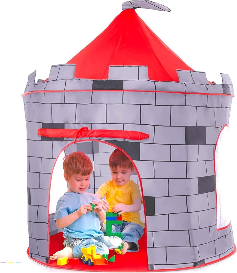 Play22 Kids Play Tent Knight Castle - Portable Pop Up Tent - Foldable into Carrying Bag - Childrens Play for Indoor & Outdoor Use - Playhouse for Boys & Girls (Gray & Red)
