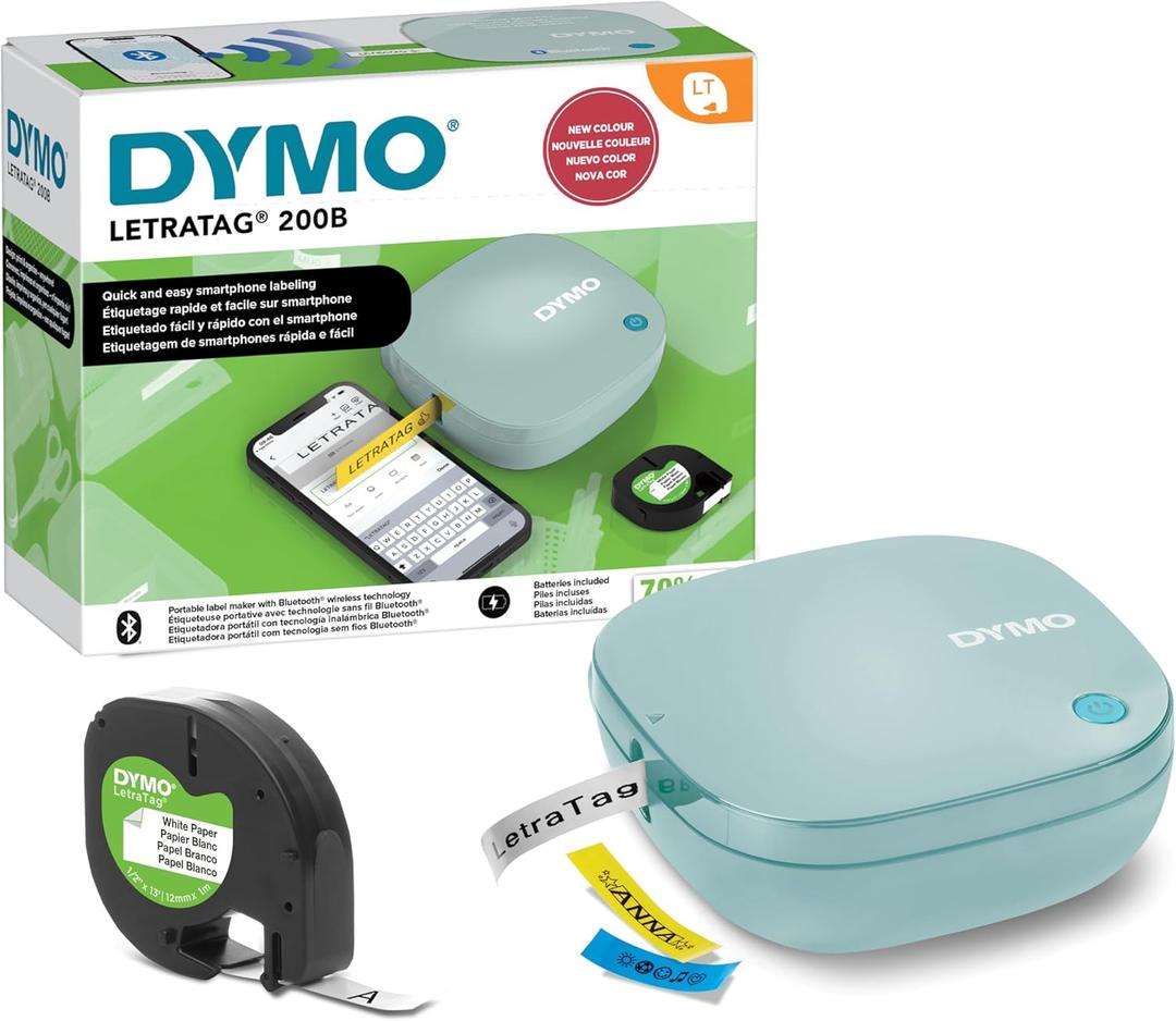 DYMO LetraTag 200B Bluetooth Label Maker, Compact Label Printer, Connects Through Bluetooth Wireless Technology to iOS and Android, Includes 1 White Paper Label Tape, Daydream Blue