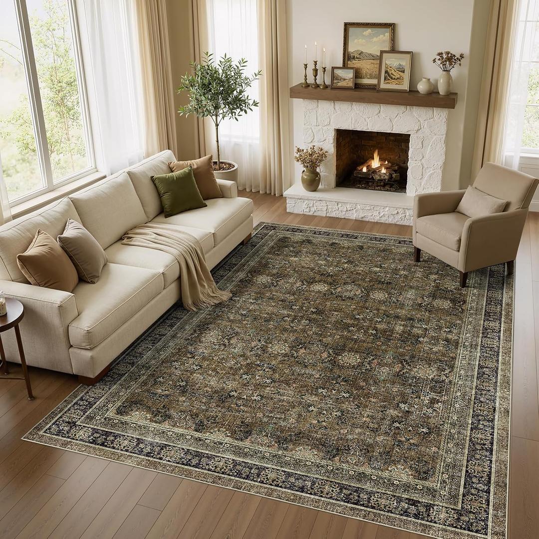 WITSHOCK 8x10 Large Rugs for Living Room - Boho Modern Vintage Moody Retro Antique Neutral - Low Pile Washable Non-Slip - Rug for Bedroom Dining Room Nursery Kids Playroom Indoor Decor, Olive&Brown