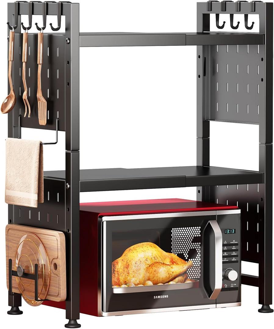 17.4"- 27.4" Expandable Microwave Stand, 3-Tier Heavy Duty Adjustable Height Microwave Oven Rack with 9 Hooks and Cutting Board Holder, Countertop Kitchen Shelf Organizer, Holds up to 180 lbs, Black